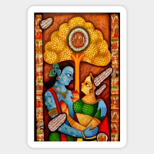 Radhe krishna couple hugg, cute love design for couples, folk painting Sticker